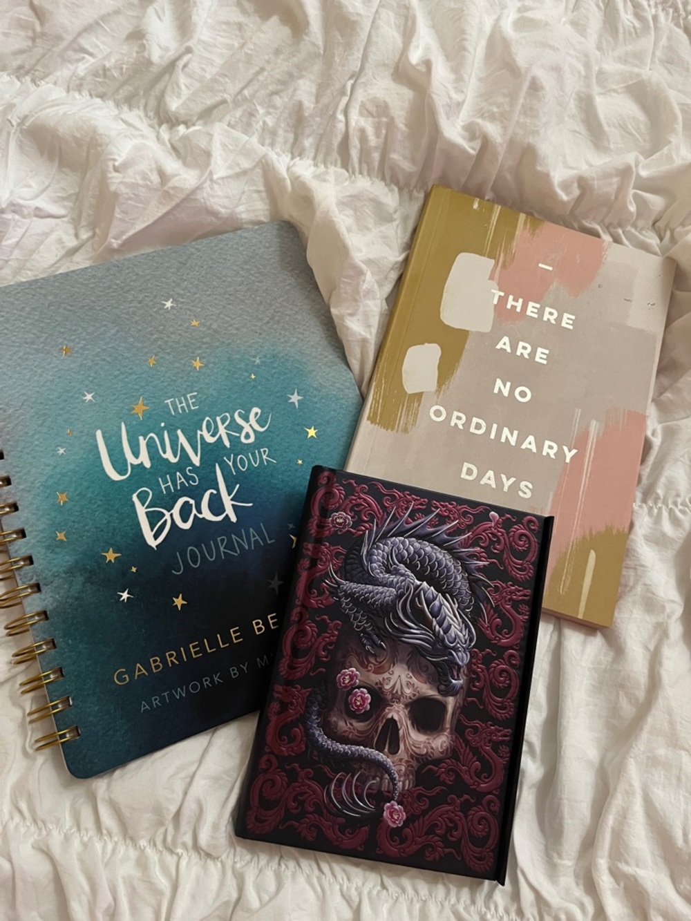 Galaxy Blue Spiral Journal + Pink & Gold Quote Notebook + Dark Skull Notebook.